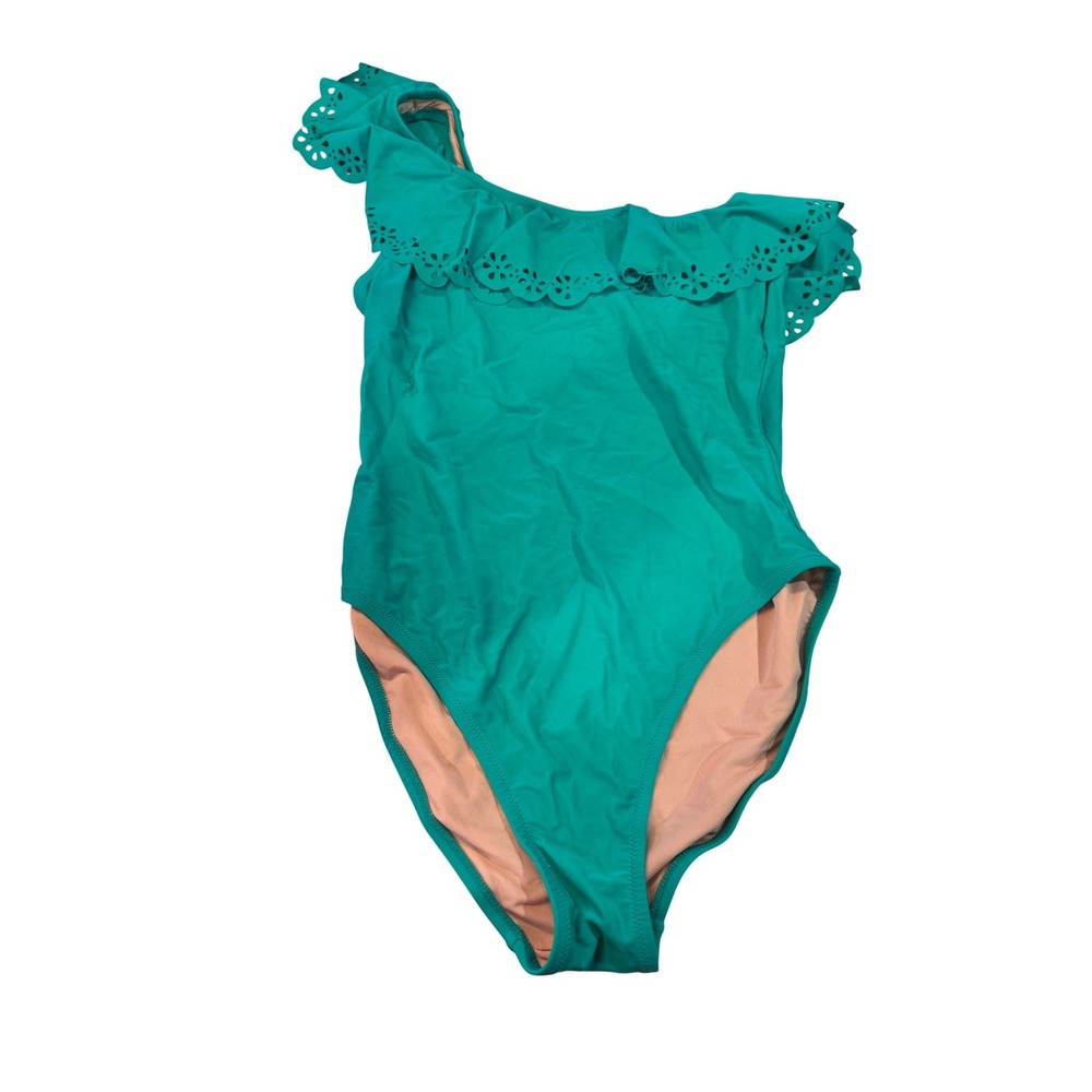 J.Crew‎ Teal One‑Shoulder Ruffle Eyelet One‑Piece Swimsuit L Feminine Beachwear